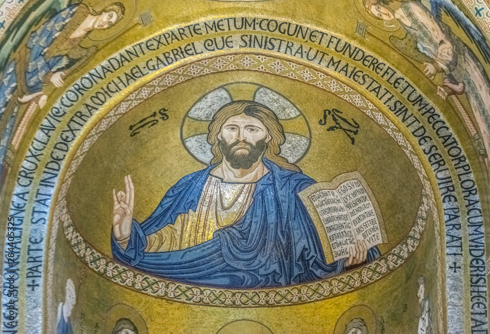 Italy, Sicily, Palermo, Palatine Chapel Mosaic Mural of Christ Pantokrator commissioned by Norman King Roger II and completed in the 12th Century