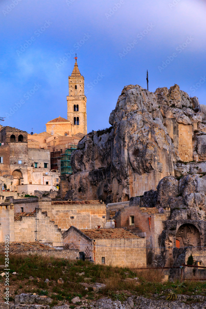 Italy, Basilicata, Province of Matera, Matera. The town lies in a small canyon carved out by the Gravina.