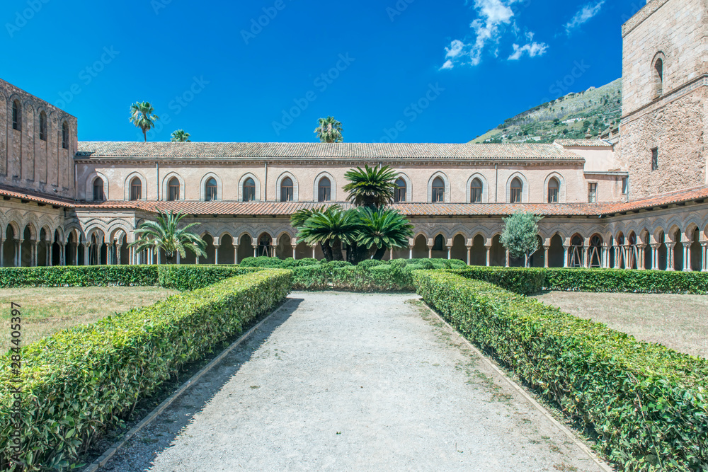 Italy, Sicily, Monteale, Monreale Cathedral, Cloister in the 12th Century in Arab Norman Style