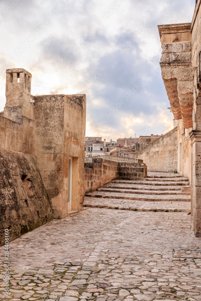 Italy, Basilicata, Small cobblestone streets and stairways of the town.