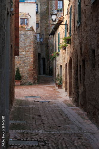 Italy  Val d Orcia in Tuscany  Siena  Pienza  a hill town. UNESCO World Heritage Site. Narrow street.
