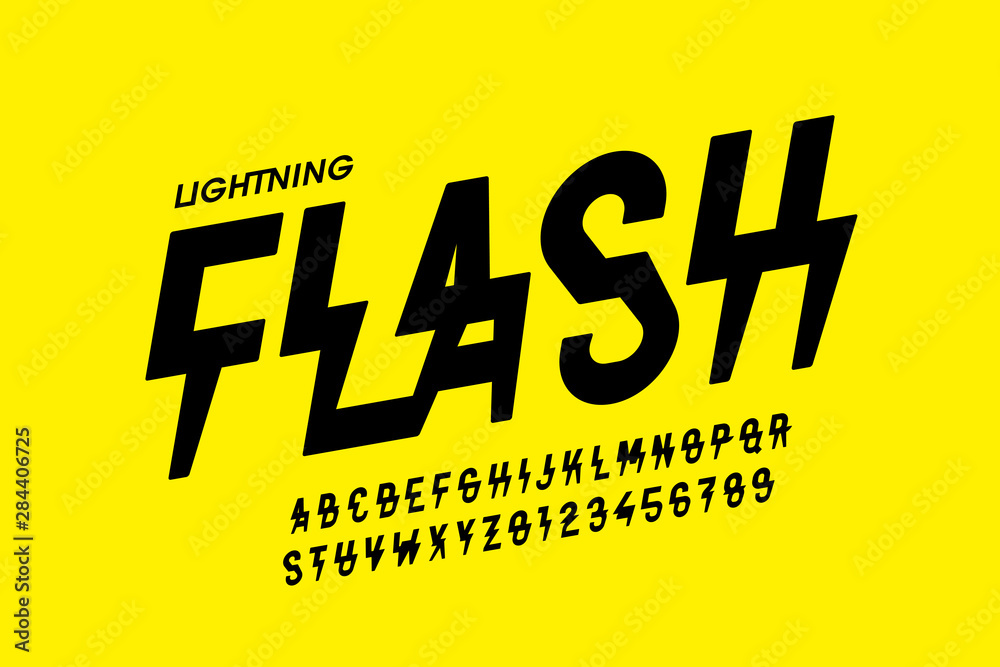 Lightning flash style font design, alphabet letters and numbers Stock