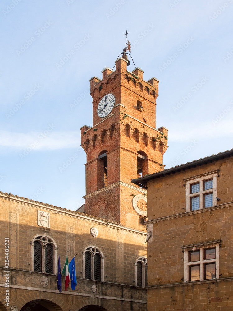 Italy, Tuscany, Pienza. Clock tower in the small town of Pienza.