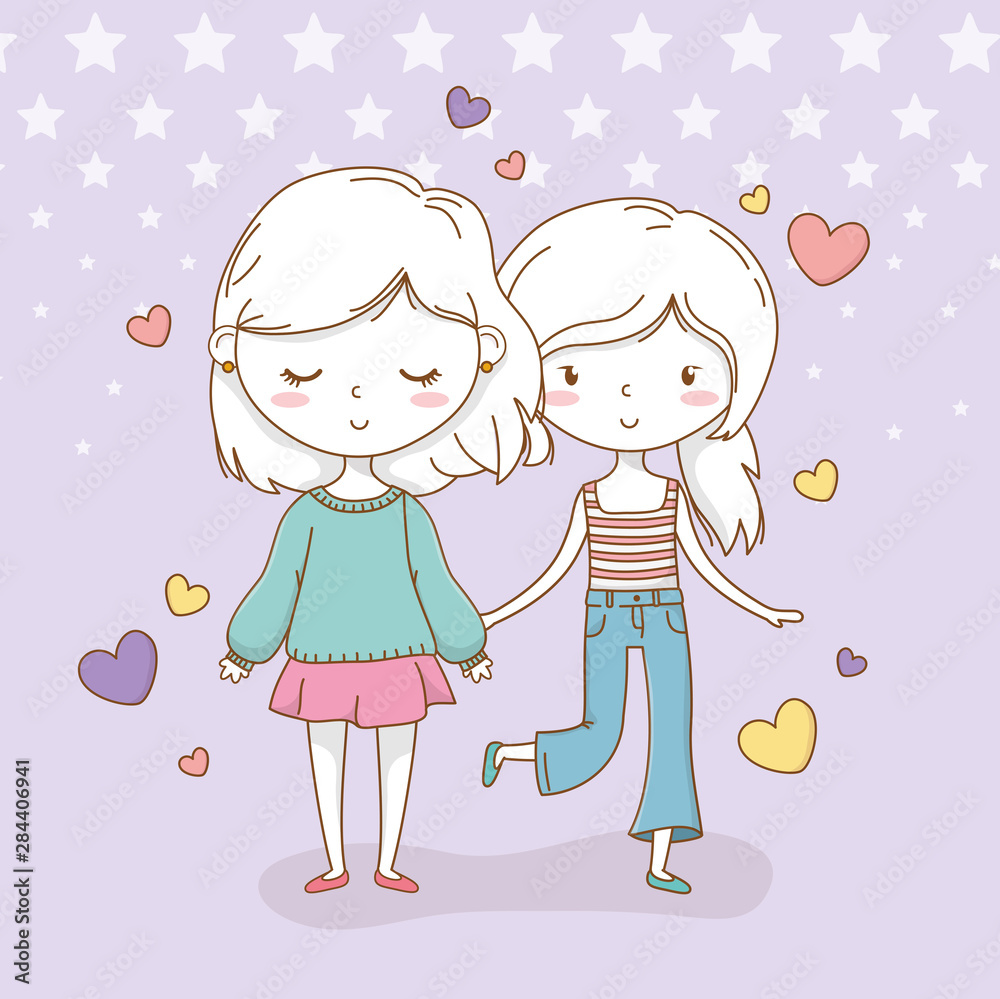 beautiful little girls couple with pastel colors and hearts beautiful little girls couple with pastel colors and hearts