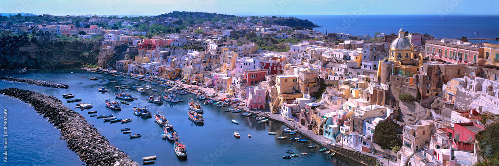 Italy, Procida. The colorful buildings of Corricella face the harbor on the Isle of Procida, Naples area, Italy.