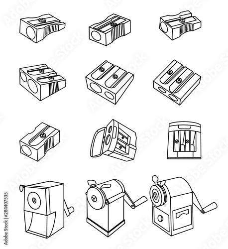 Set of pencil sharpener simple outline images. Premium quality isolated modern and retro sharpener elements in trendy style.