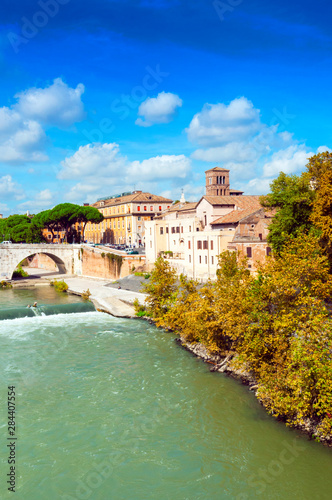 Εκτύπωση καμβά Tiber Island and Ponte Cestio (Cestius bridge), Rome, Unesco World Heritage Site