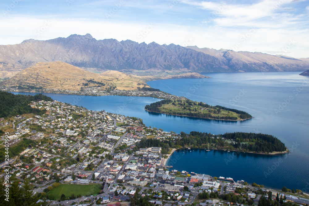 Aerial view of beautiful Queenstown, Otago, New Zealand