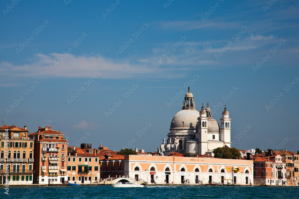 View of Santa Maria Della Salute from the canals of Venice.