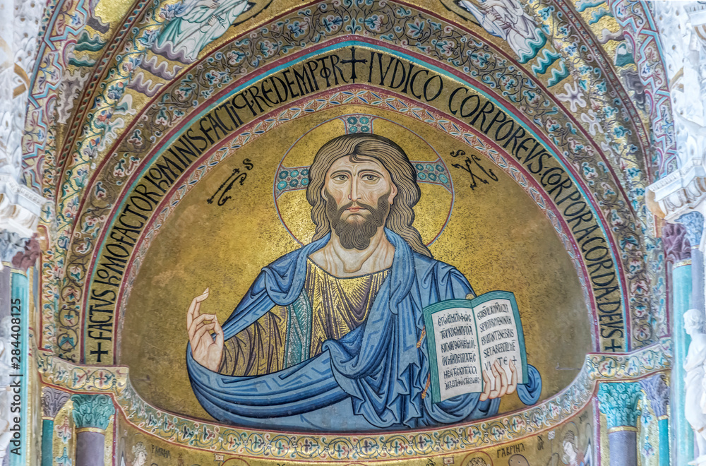 Italy, Sicily, Cefalu, Cefalu Cathedral completed in the 12th century, mosaic of Jesus Christ Pantokrator