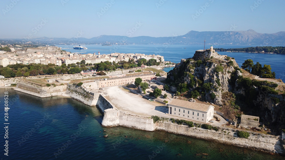 Aerial drone view of picturesque old town of Corfu island featuring iconic castle a UNESCO world heritage site, Ionian, Greece