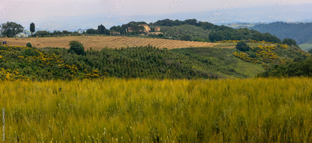 Farmhouse. Rolling hills landscape. Tuscany, Italy.