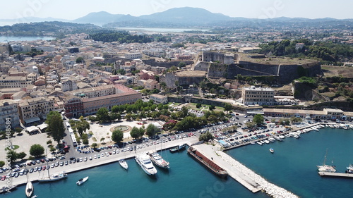 Aerial drone view of iconic and picturesque old town of Corfu island a UNESCO world heritage site, Ionian, Greece