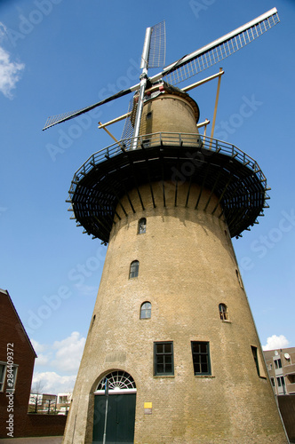 Netherlands (aka Holland), Dordrecht. Oldest town in Holland. Historic windmill, Fietsroutenetwerk, circa 1713.