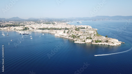 Aerial drone view of iconic and picturesque old town of Corfu island a UNESCO world heritage site, Ionian, Greece