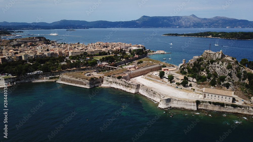 Aerial drone bird's eye view photo of iconic capital of Corfu island or Kerkyra with traditional Italian architecture and old fortified castle, Ionian, Greece