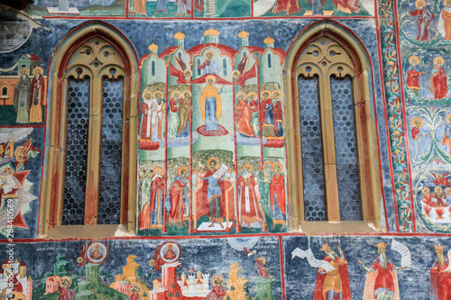 Romania, Bucovina, Bucovina Monasteries, Sucevita 16th Century, Painted Monastery. Religious Fresco. © Emily Wilson/Danita Delimont