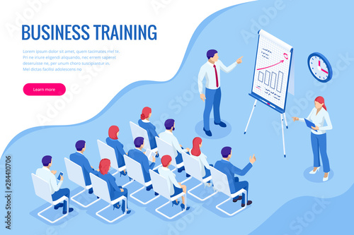 Isometric Business Training concept. Group of businessmen studies data. Office work crowd, team meeting, and discussion.
