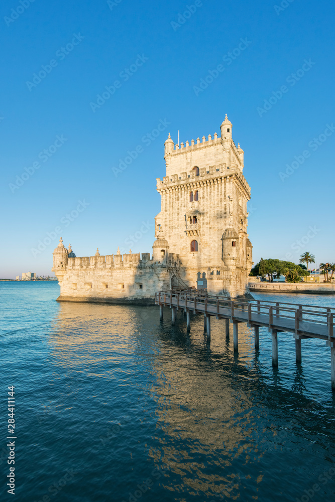 Portugal, Lisbon, Belem, Belem Tower (Torre de Belem) at Dawn commissioned by King John II and completed in the 16th century Portugal, Lisbon, Belem, Belem Tower (Torre de Belem) at Dawn commissioned by King John II and completed in the 16th century
