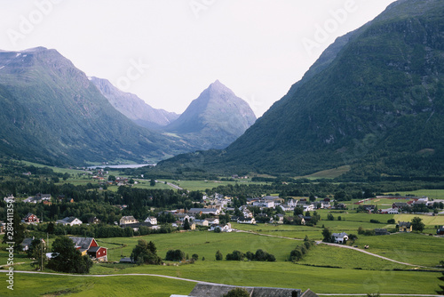 Norway  Western Norway  Byrkjelo  View of town and field