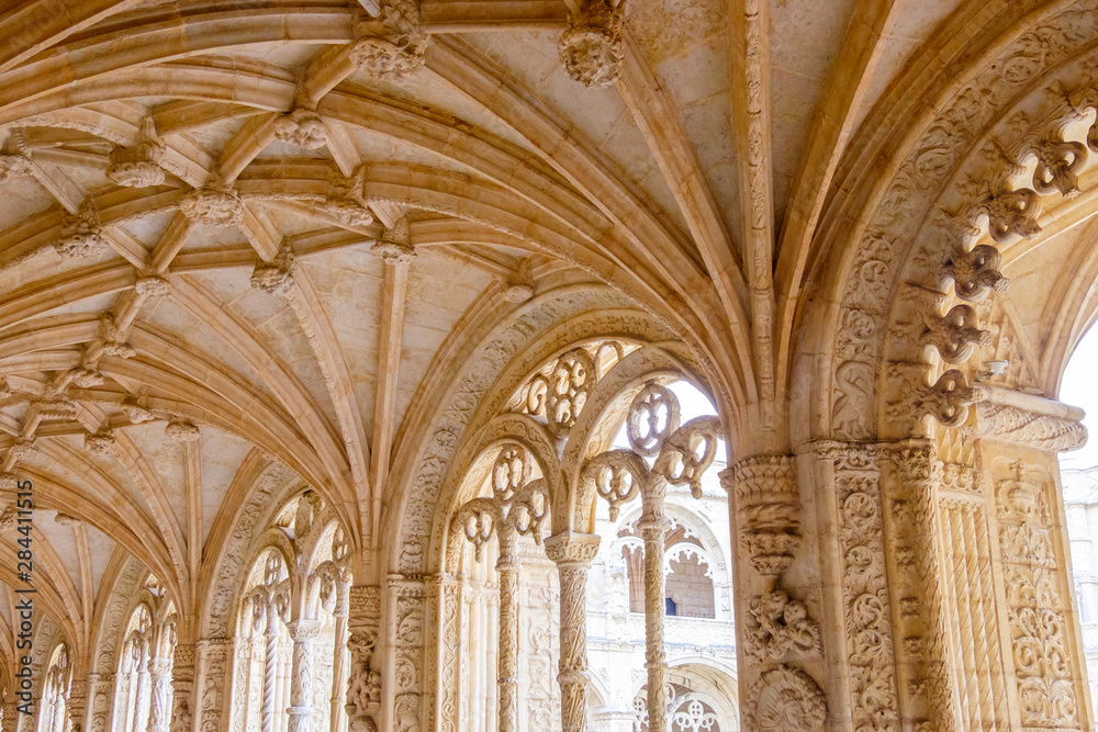 Portugal, Belem. Granada Monasterio De San Jeronimo. UNESCO World Heritage Site. Cloister hallway and ceiling views.