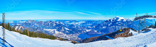 Panorama of Zwolferhorn mount and Wolfgangsee valley, St Gilgen, Salzkammergut, Austria