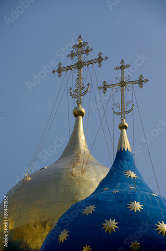 Russia, Golden Ring (aka Zolotoe Koltso), Sergiyev Posad (aka Sergiev), formerly Zagorsk. Trinity Monastery of St. Sergius. Blue domes of the Cathedral of the Dormition (1559-1585). photo