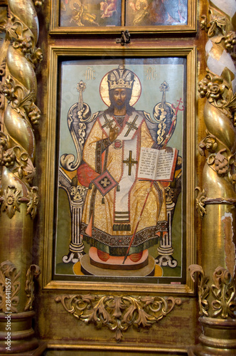 Russia, Golden Ring city of Uglich on the Volga. Church of St. Dmitry on the Blood, gold covered icon.