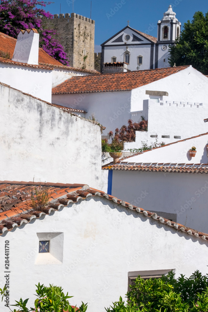 Portugal, Obidos. Ancient red terra cotta tiled rooftops, lines. Old windows.