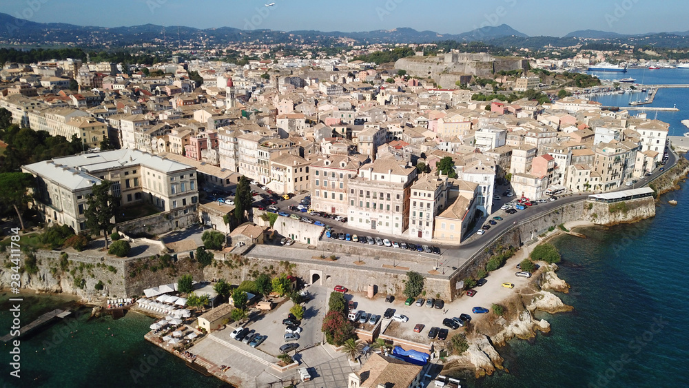 Aerial drone view of iconic and picturesque old town of Corfu island a UNESCO world heritage site, Ionian, Greece