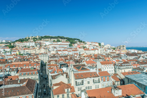 Portugal, Lisbon, Baixa Rooftops and Sao Jorge Castle from Santa Justa Lift (Elevador Santa Justa)