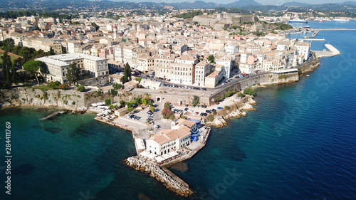 Aerial drone view of iconic and picturesque old town of Corfu island a UNESCO world heritage site, Ionian, Greece