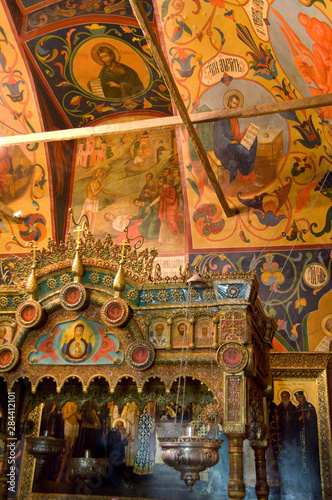 Russia, Moscow, Red Square. St. Basil's Cathedral (aka Pokrovsky Sobor or Cathedral of the Intercession of the Virgin on the Moat). Ornate chapel interior. 