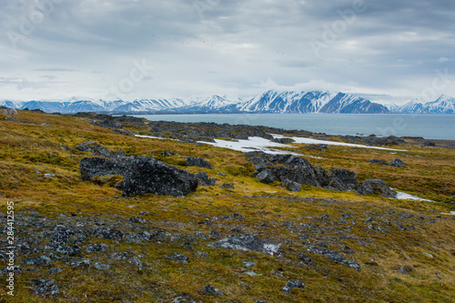 Norway. Svalbard. Bellsund. Varsolbukta. Camp Millar. Rocky ground and the sound beyond.