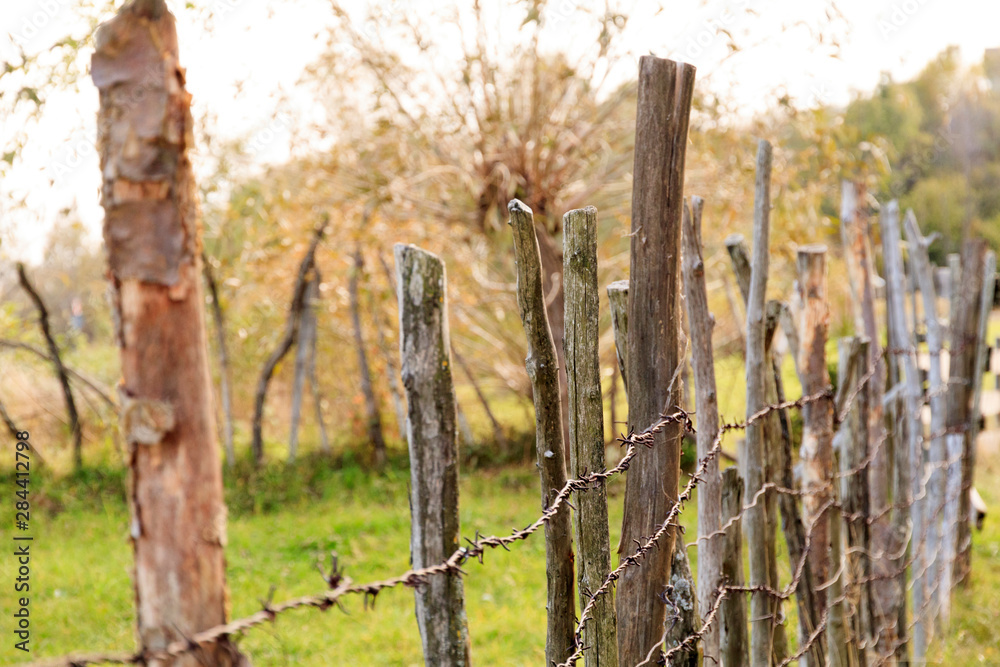 Fototapeta premium Romania. Magura. Views near road to cave. Wood pasture fence and barbed wire.