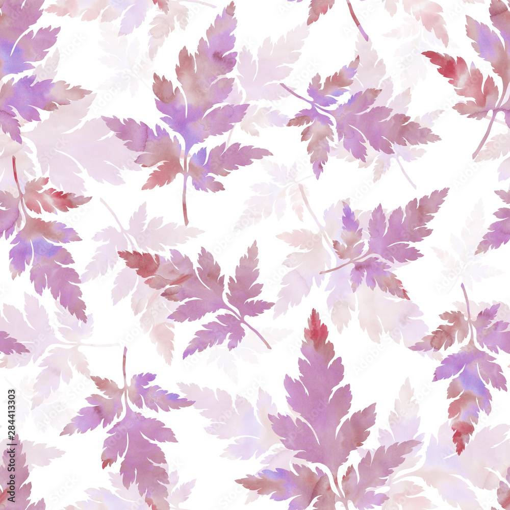 Falling leaves. Hand painted seamless pattern. Watercolour texture. Decorative background for fabric, wrapping paper, cards, websites. Botanical illustration.  Mixed media artwork.