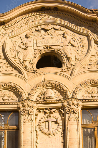 Romania, Brasov. Building detail in the Baroque Old Town of Brasov. 