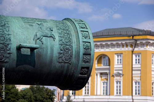Russia, Moscow, The Kremlin. 14th century bronze Czar Cannon, weighing almost 40 tons. The gun carrage on wheels was made later in 1835.