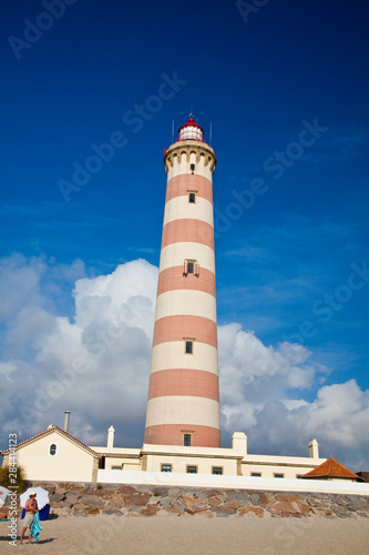 Portugal, Costa Nova, Red and white stripes adorn the tallest lighthouse in Portugal