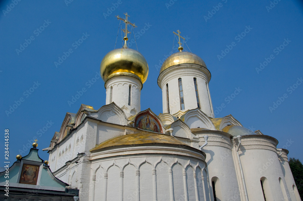 Russia, Golden Ring (aka Zolotoe Koltso), Sergiyev Posad (aka Sergiev), formerly Zagorsk. Trinity Monastery of St. Sergius. Cathedral of the Holy Trinity (1422) & church of St. Nicon (1548)