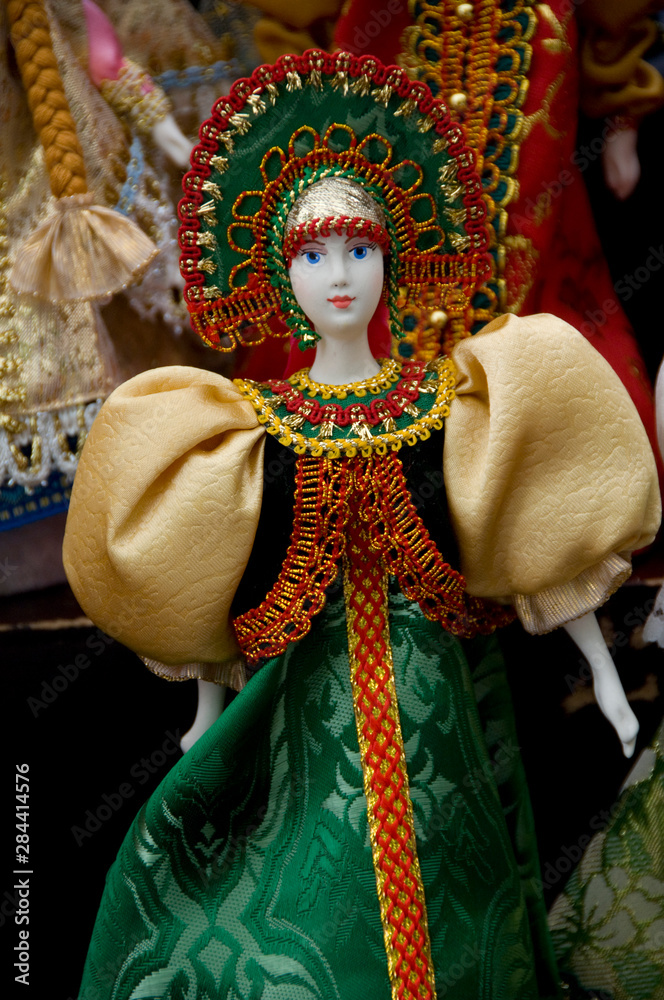 Russia, Golden Ring city of Uglich located on the banks of the Volga. Russian handicrafts, traditional dolls.