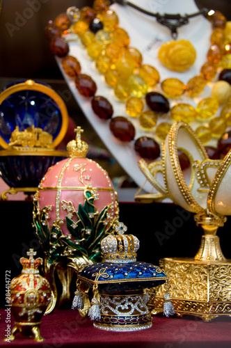 Russia, Moscow, Arbat Street. Popular shopping area filled with up-scale stores & cafes. Expensive Russian souvenirs, Faberge style eggs & Amber jewlery. 