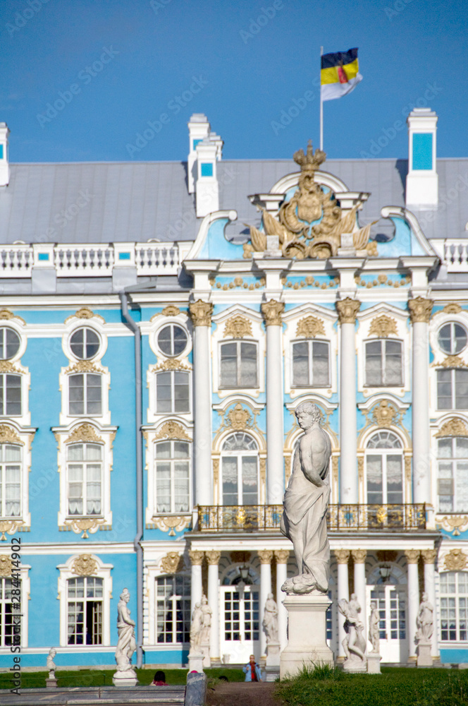 Russia, St. Petersburg, Catherine's Palace (aka Bolshoi Yekaterinsky Dvorets). Palace view from gardens.