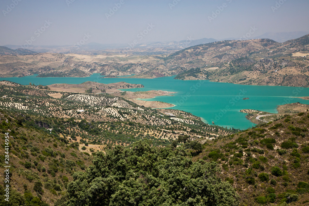 Spain, Andalusia, Cadiz Province, Zahara. Sierra de Grazalema Natural Park with view over a man made lake.