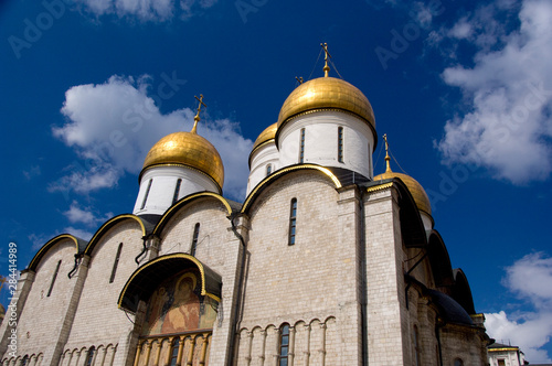 Russia, Moscow, The Kremlin. Cathedral of the Assumption (aka Uspensky sobor) founded in 1326. Southern entrance with fresco painting of Mother of Christ with arch-angels Gabriel & Michael. 