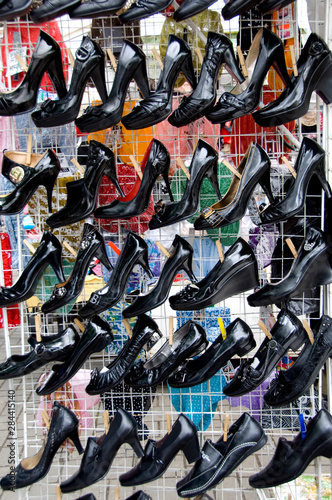 Russia, Yaroslavl, Golden Ring city on the banks of the Volga. Typical local market, shoes. 