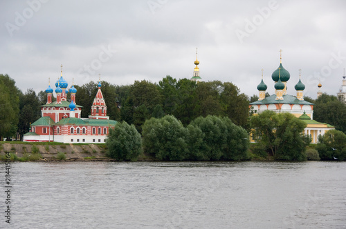 Russia, Golden Ring city of Uglich on the Volga. Cathedral of Our Savior's Transfiguration (R) & Church of St. Dmitry (aka Demetrius) on the Blood (L). photo