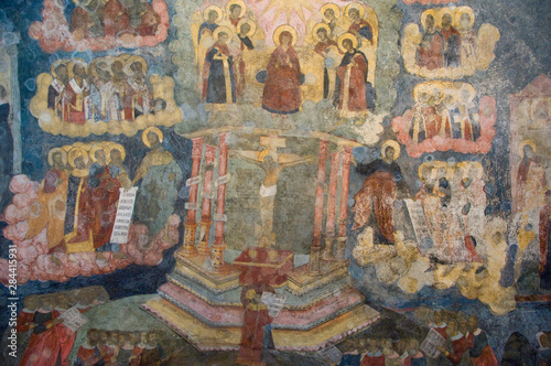 Russia, Golden Ring city of Yaroslavl. 17th century Church of Elijah the Prophet (aka Tserkov Ilyi Proroka), interior ceiling & wall frescos. UNESCO
