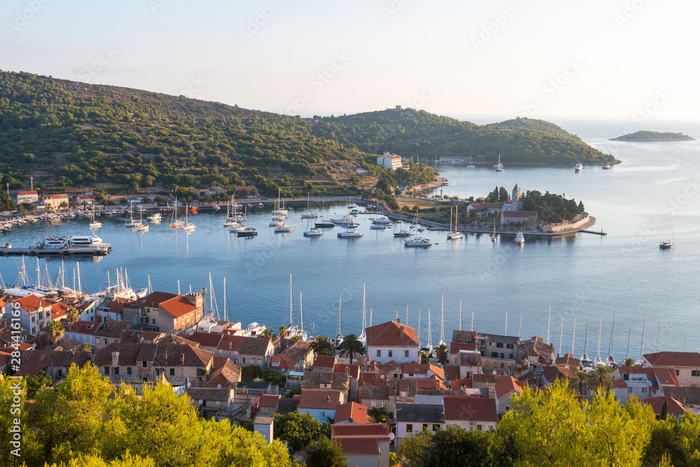 Vis town, Franciscan monastery and harbor, Vis Island, Croatia