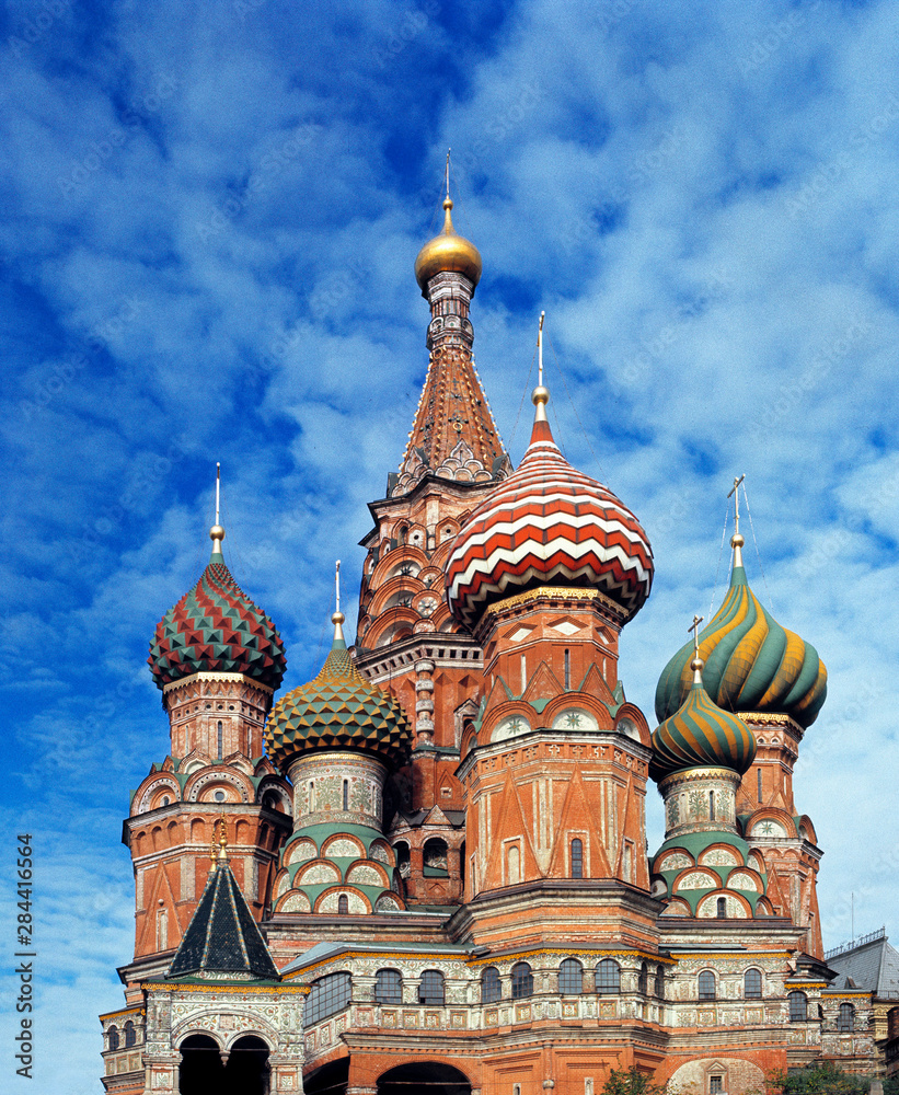 Russia, Moscow. The ornate spires of St. Basil's Cathedral, a World Heritage Site, on Red Square rise against a brilliant summer sky, in Moscow, Russia.